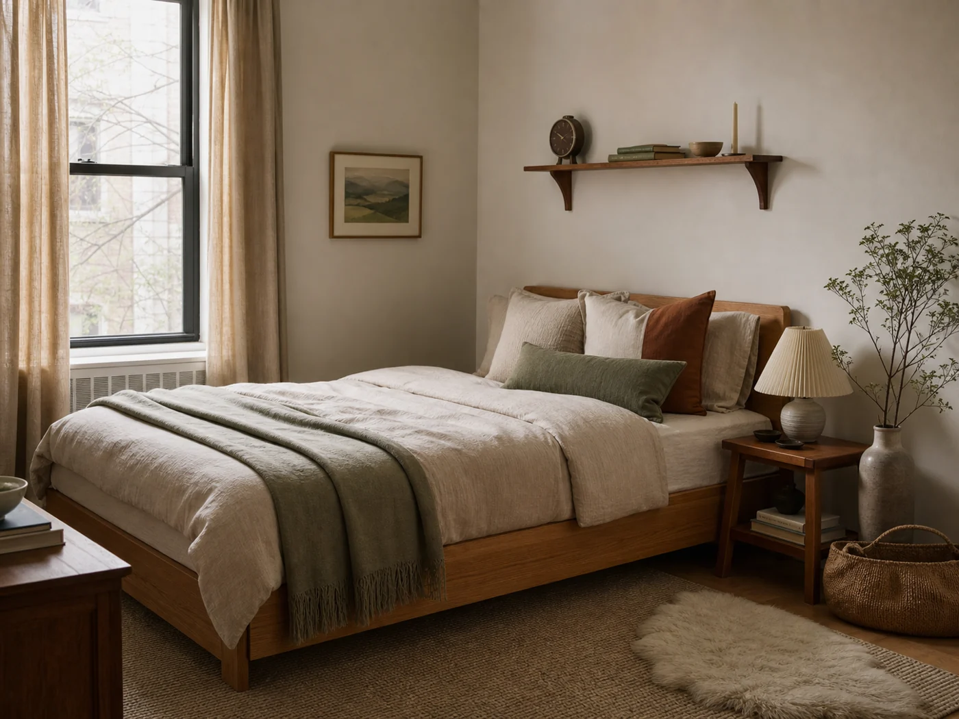 Calm neutral bedroom with warm wood